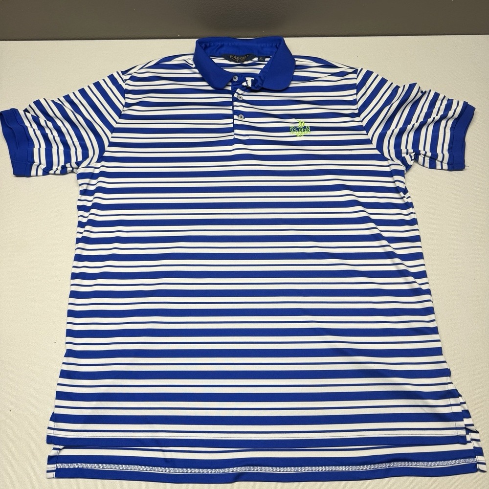 Ralph Lauren Polo Golf Shirt Mens XL Blue Stripe Green 2015 US Open Chambers Bay